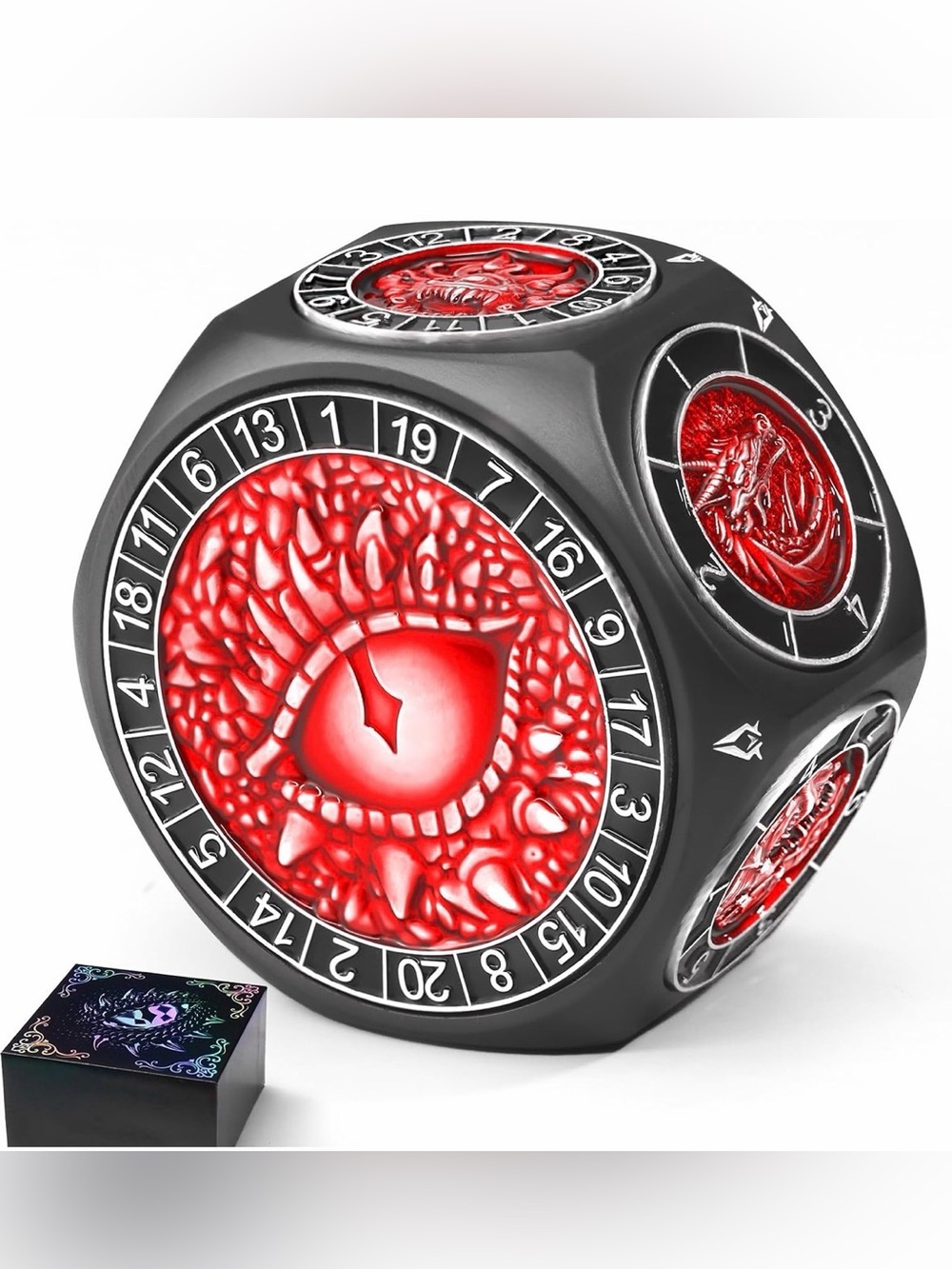 8-in-1 DND Dice Set, Metal Spinner Dice with Dual D20, Black Red